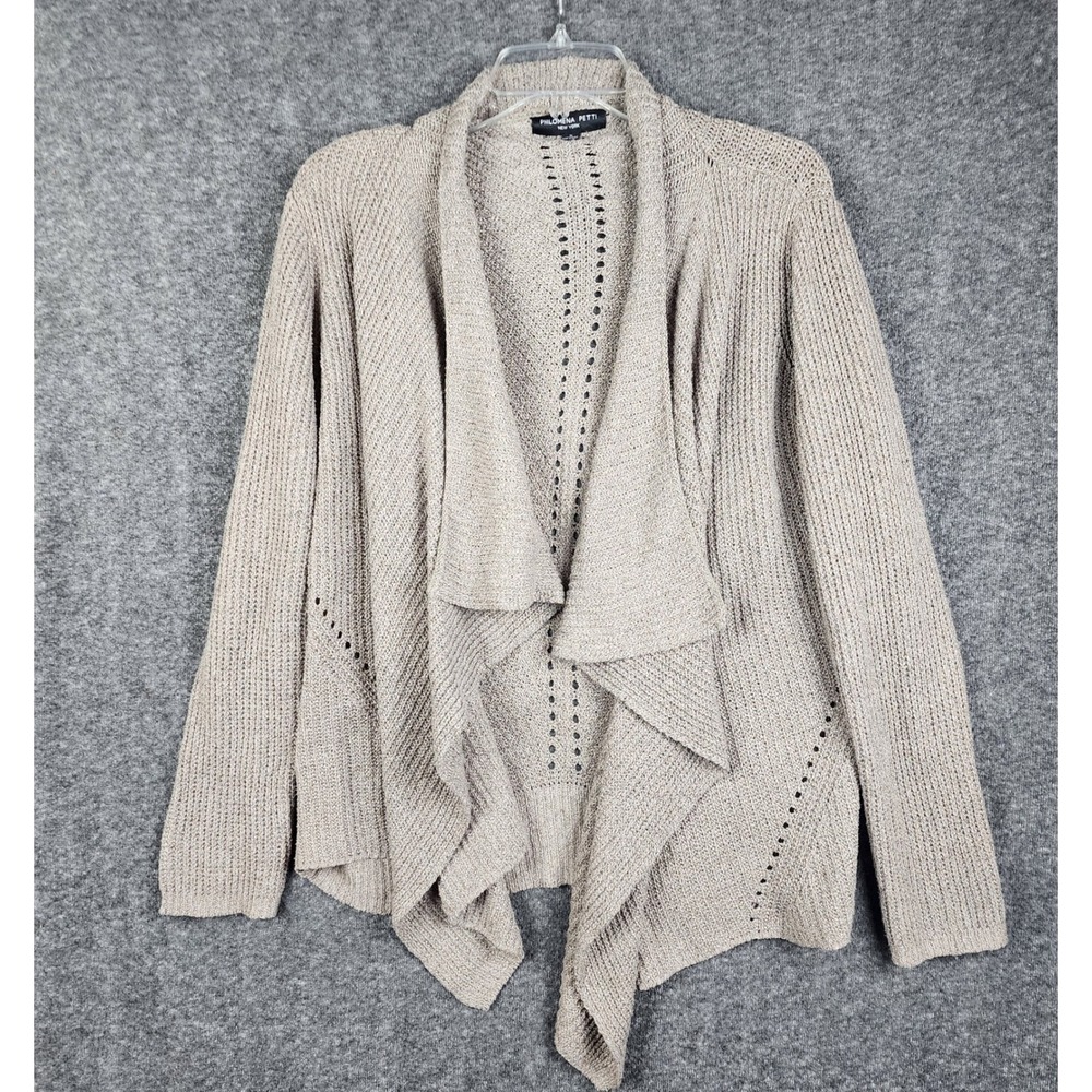Philomena Petti Cardigan Women Medium Taupe Waterfall Draped Pointelle Knit Open